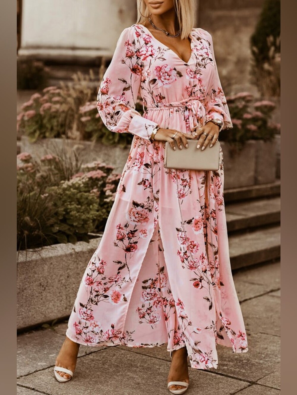 LAST ONE! Pink Floral V Neck Maxi Dress With Long Sleeves